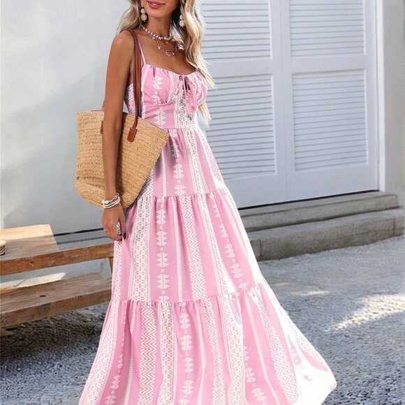 Pink Boho Women's Woven Print Spaghetti Strap Long Dress - Picture 5 of 6